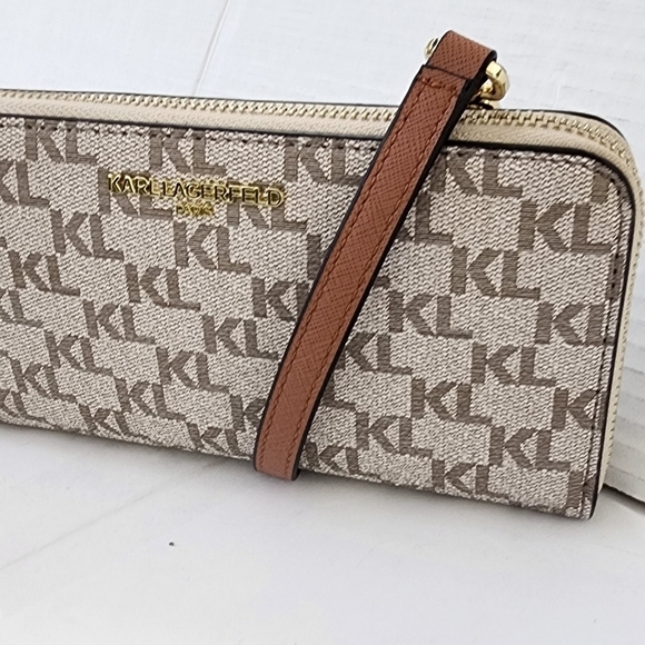Karl Lagerfeld Monogram Brown Leather Wristlet Taupe Women's Crossbody - Picture 3 of 13